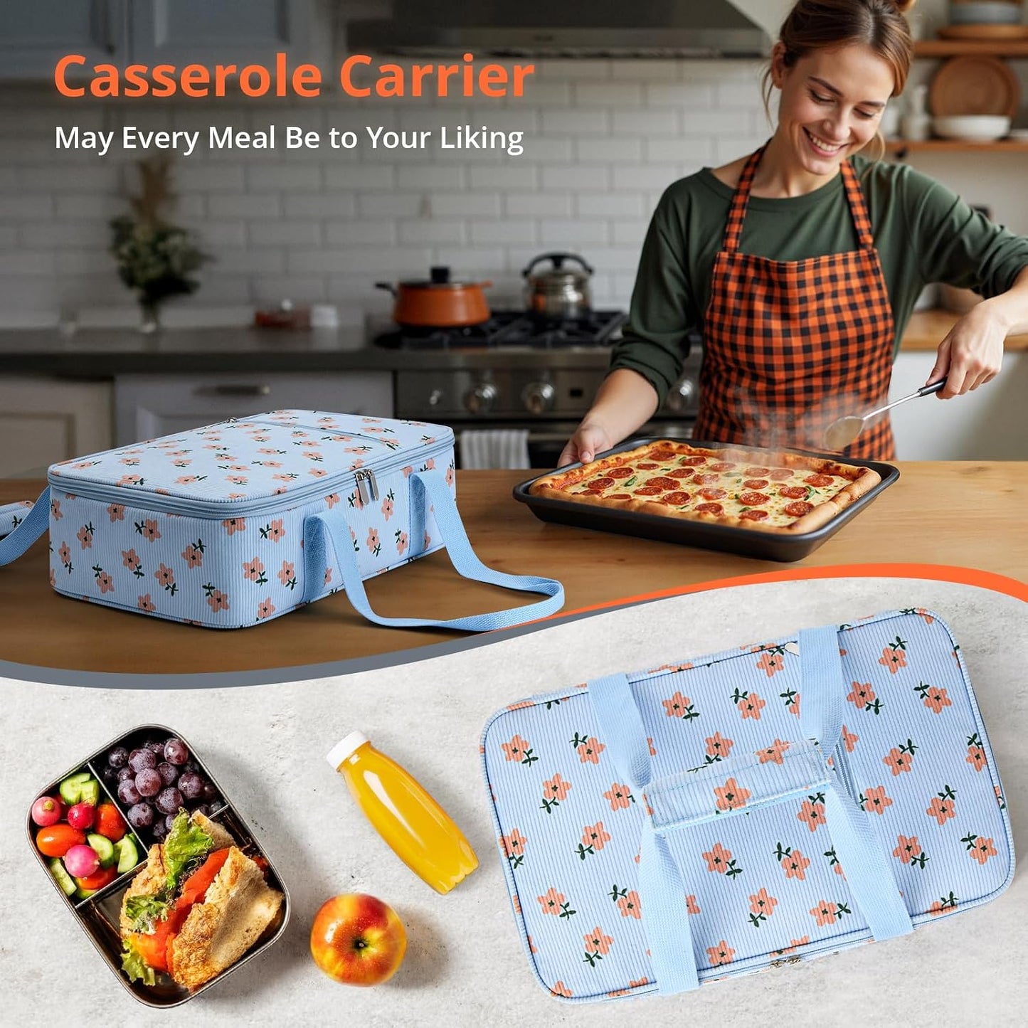 Insulated Casserole Carrier for Hot or Cold Food,Pie Carrier Bag Lunch Tote for Potluck Parties/Picnic/Cookouts, Fits 9"x13" Baking Dish,Grey
