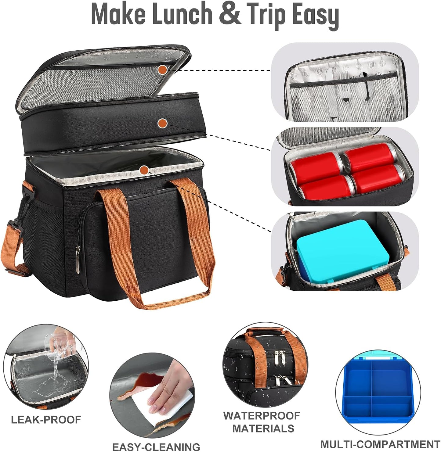 Adult Lunch Box Insulated Leak Proof Meal Prep Kit with 4-Compartment, Kids Soup Thermos for Hot & Cold Food, Lunch Box Containers for Men Women, Lunch Cooler Bag with Ice Pack for Work (Blue)