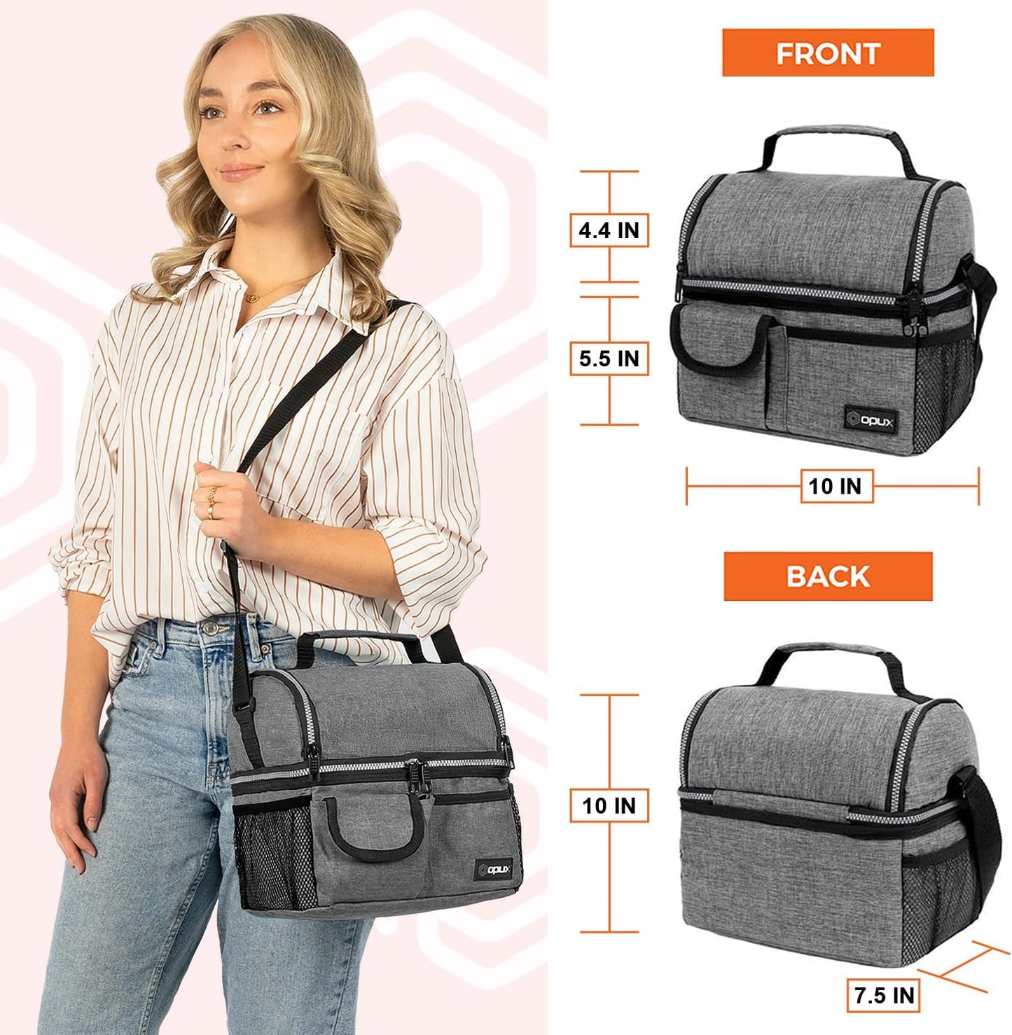 opux Insulated Lunch Bag Women Men, Dual Compartment Leakproof Lunch Box Adults Kids, Double Decker Meal Prep Bento Lunch Cooler Tote with Shoulder Strap for Work Office School Travel, Floral Purple