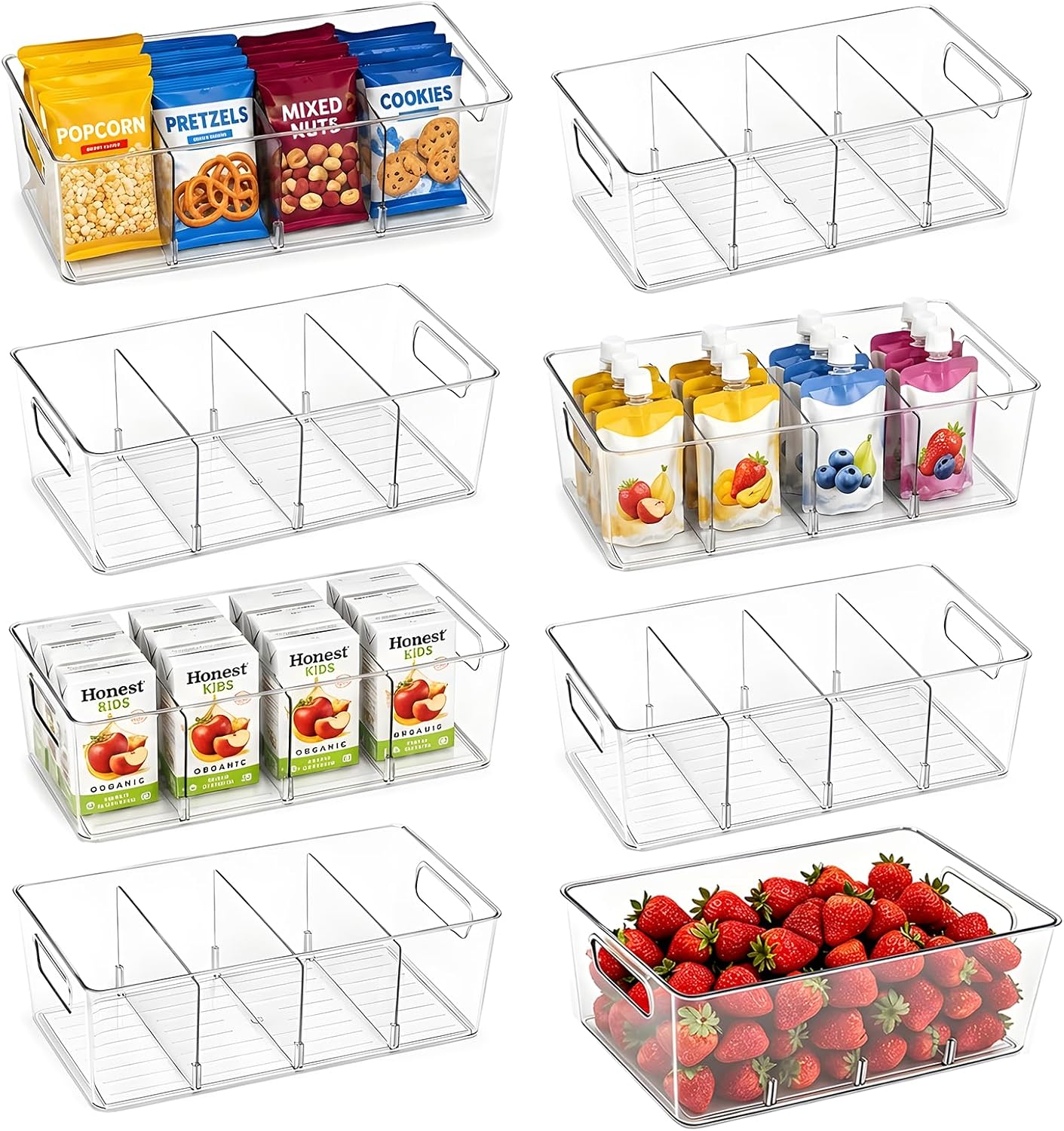 8 Pack Pantry Organizers and Storage, Food Storage Containers with 3 Removable Divider for Kitchen, Fridge, Cabinet Organization, Clear Plastic Storage Bins for Snacks, Spice Packets, Packets, Pouches