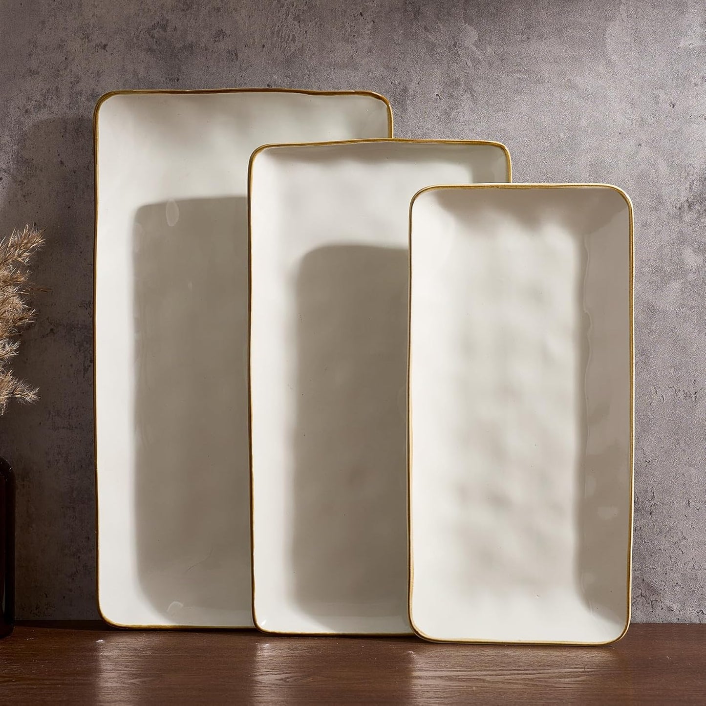 Famiware Serving Platter, Rectangular 15.67/14.1/12.6inch Serving Dishes for Entertaining, Microwave Dishwasher Safe, Stoneware Serving Trays for Party, Turkey, Cheese, Ocean Series, Cappuccino White