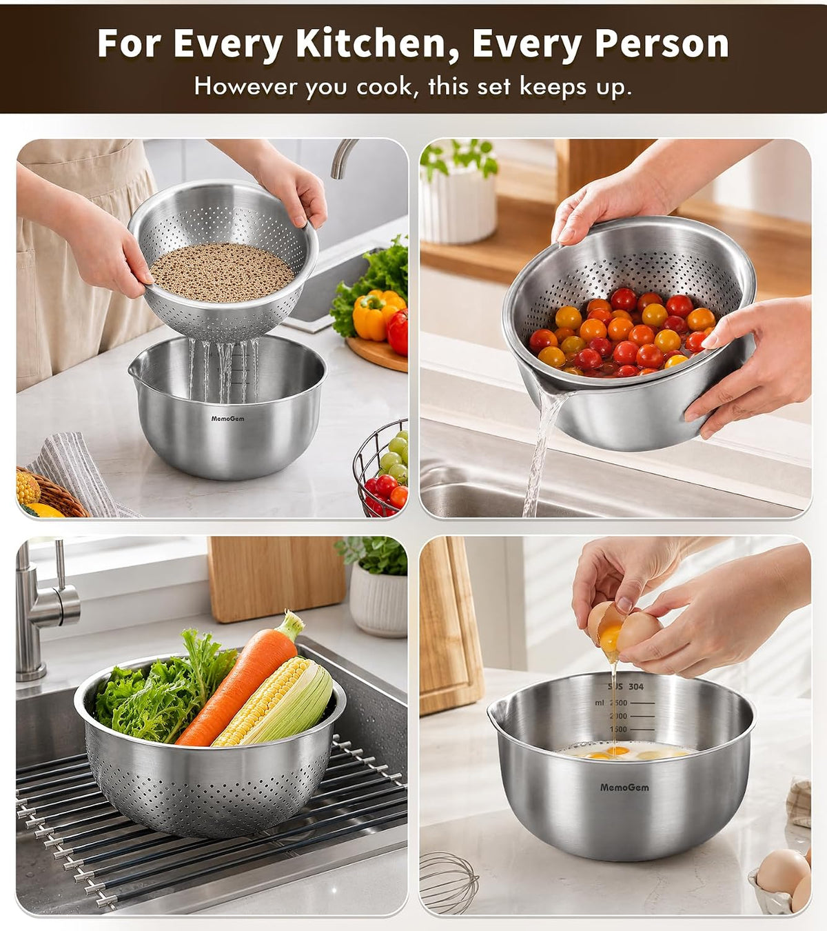 304 Stainless Steel Fine Mesh Colander Set, 1QT Large Capacity Strainer with Mixing Bowl, Rust Resistant Metal Strainer Bowl for Rinse Fruits, Veggies, Rice & Drain Pasta, Cooking, Dishwasher Safe