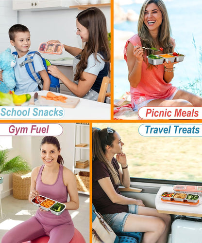 KTKUDY Stainless Steel Snack Container for Kids & Adults - Large - Leak-Proof 3-Compartment Stackable Snack Lunch Box for Daycare, School, Work & Travel