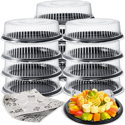 Tessco for you 12 Pack Heavy Duty Repeatedly Plastic Serving Tray with Lid and 24 Pcs Deli Wax Paper Sheets Sets Large Party Platters with Clear Lids Stackable Round Food Serving Trays (Black,16inch)