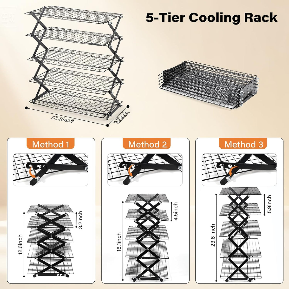 6 Tier Upgraded Collapsible Cooling Rack with Adjustable 3 Setting Design, Stackable Baking Rack with Clean Brush, Roasting Cooking Drying Wire Cooling Rack for Cookies Baking Roasting ＆ Grilling