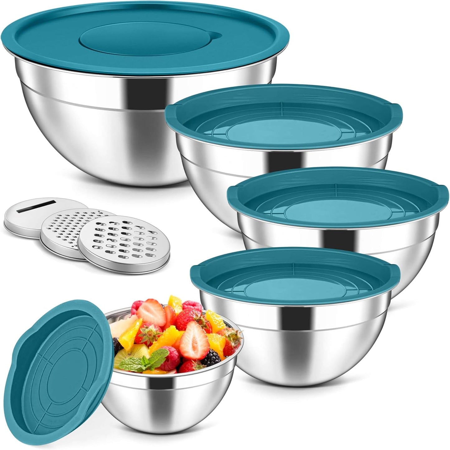 Herogo 5-Piece Mixing Bowls with Airtight Lids, 3 Grater Attachments, Stainless Steel Salad Serving Bowls for Kitchen, Size 4.6, 3.5, 2.5, 2, 1.5QT Ideal for Prepping & Cooking, Black
