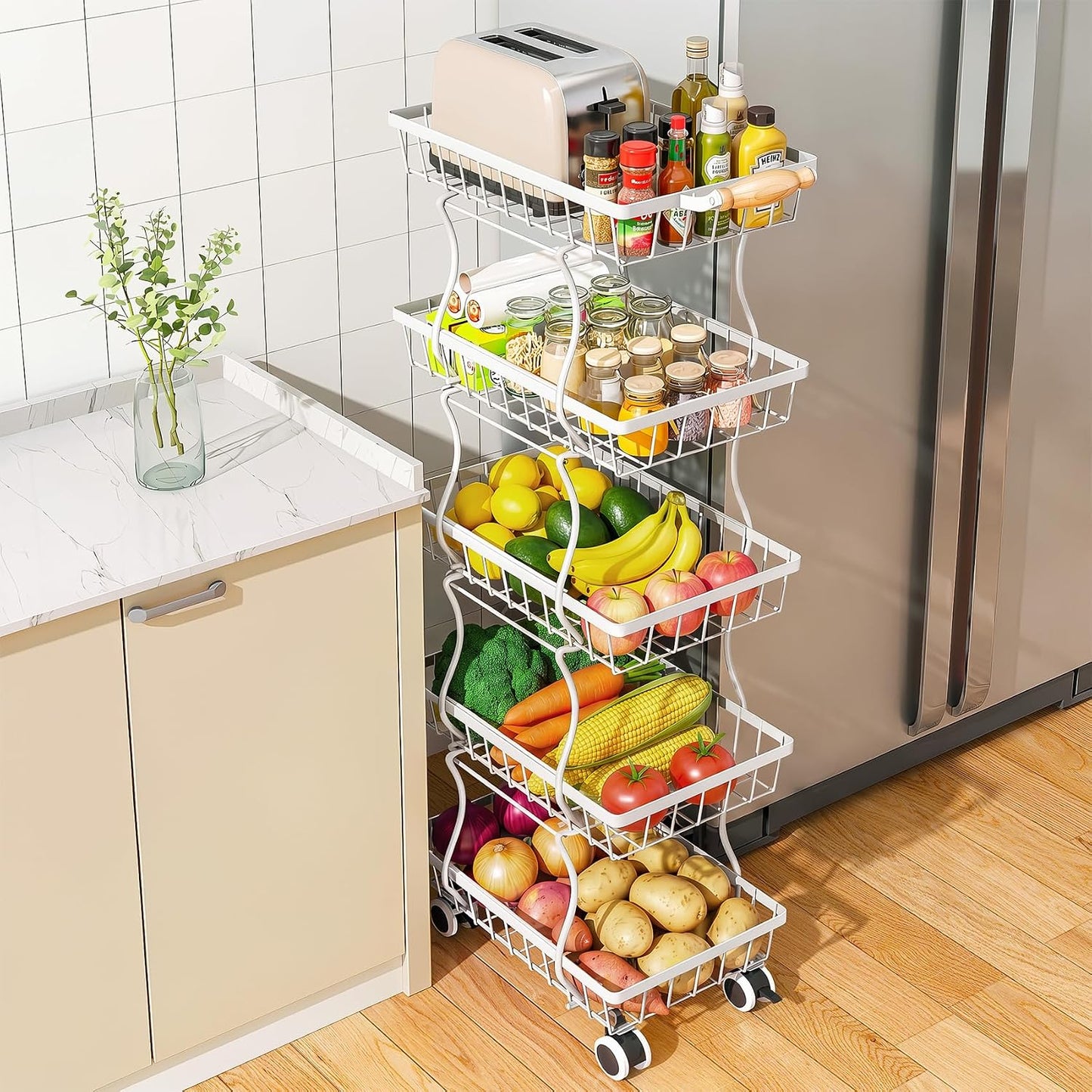 SAYZH Fruit Basket Kitchen Pantry Organizers and Storage - 4 Tier Stackable Metal Wire Basket Stand for Fruit Vegetable Snacks Jars Bins Containers Organization(Black, 4 Tiers)