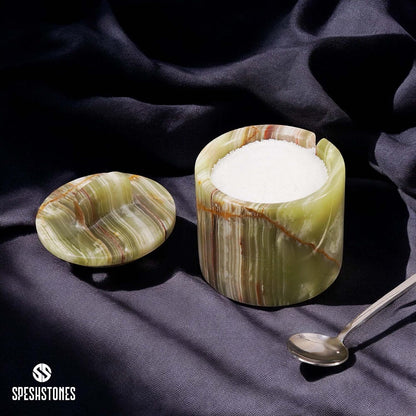 Marble Salt Cellar with Lid & Spoon 4 Inch, Green