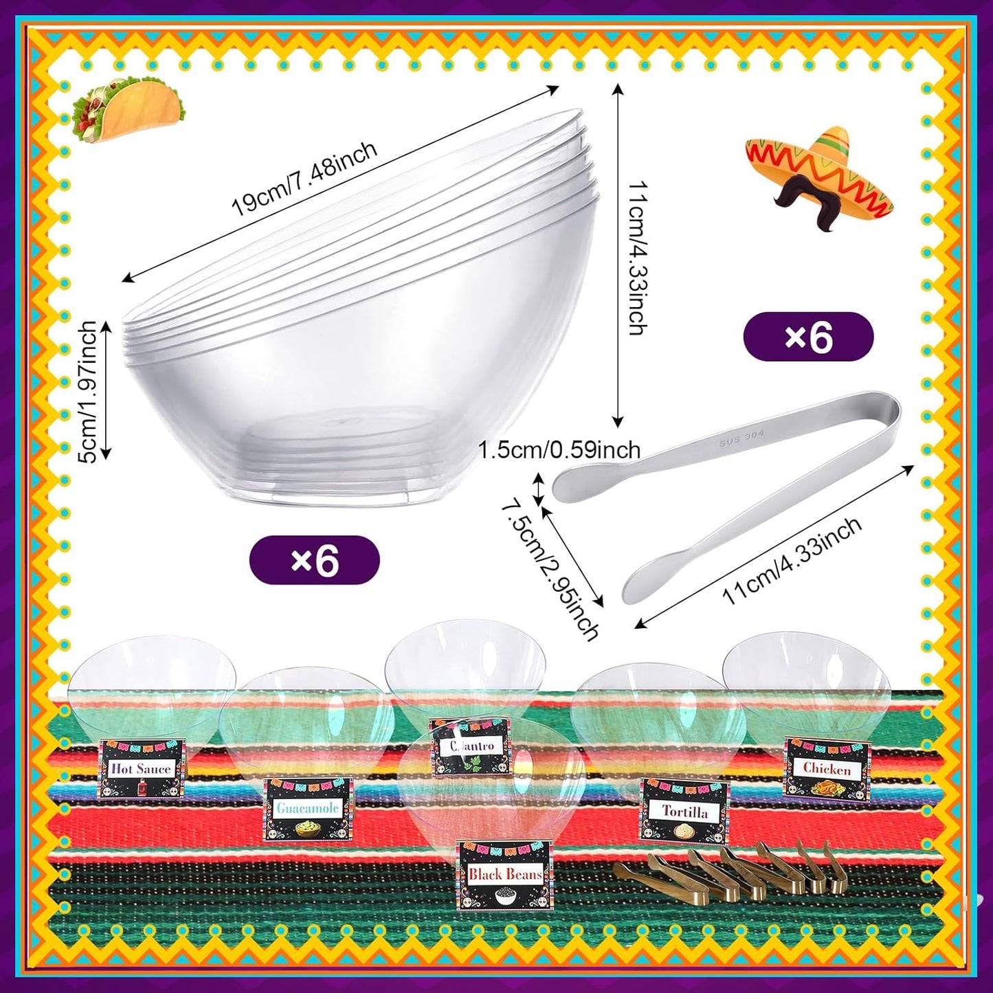 FoldTier 36 Pcs Taco Tuesday Bar Kit Mexican Taco Party Decorations with 6 Pack 20 oz Angled Plastic Bowls Buffet Serving Tongs Pepper Banner Sign Tents for Cinco De Mayo Mexican Theme Party Supplies