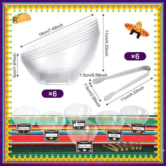 FoldTier 36 Pcs Taco Tuesday Bar Kit Mexican Taco Party Decorations with 6 Pack 20 oz Angled Plastic Bowls Buffet Serving Tongs Pepper Banner Sign Tents for Cinco De Mayo Mexican Theme Party Supplies