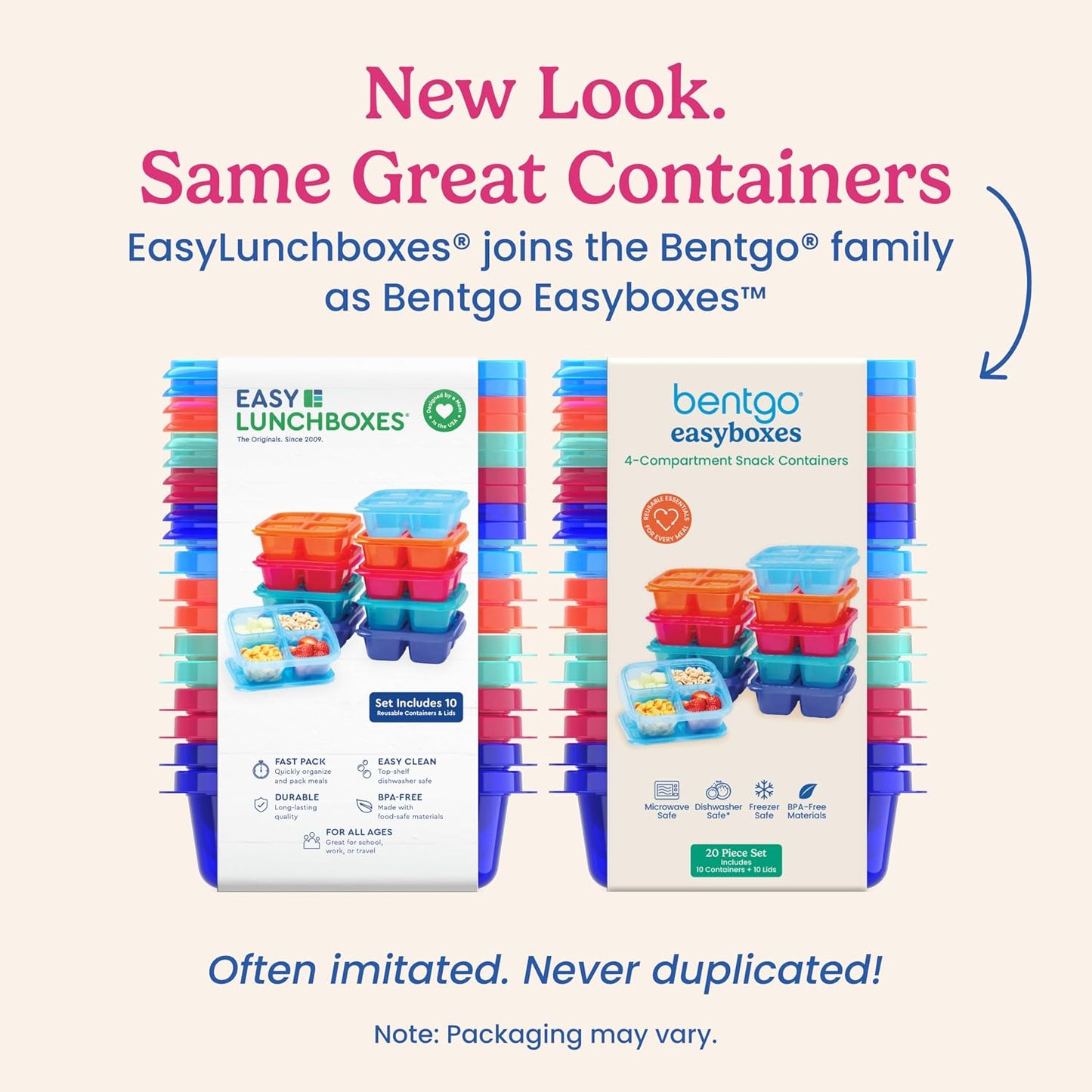 Bentgo Easyboxes 4-Compartment Snack Containers - 20-Piece Set with 10 Trays & 10 Custom-Fit Lids to Seal in Freshness - Reusable Food Storage & Meal Prep Bento BPA-Free Containers (Classic)