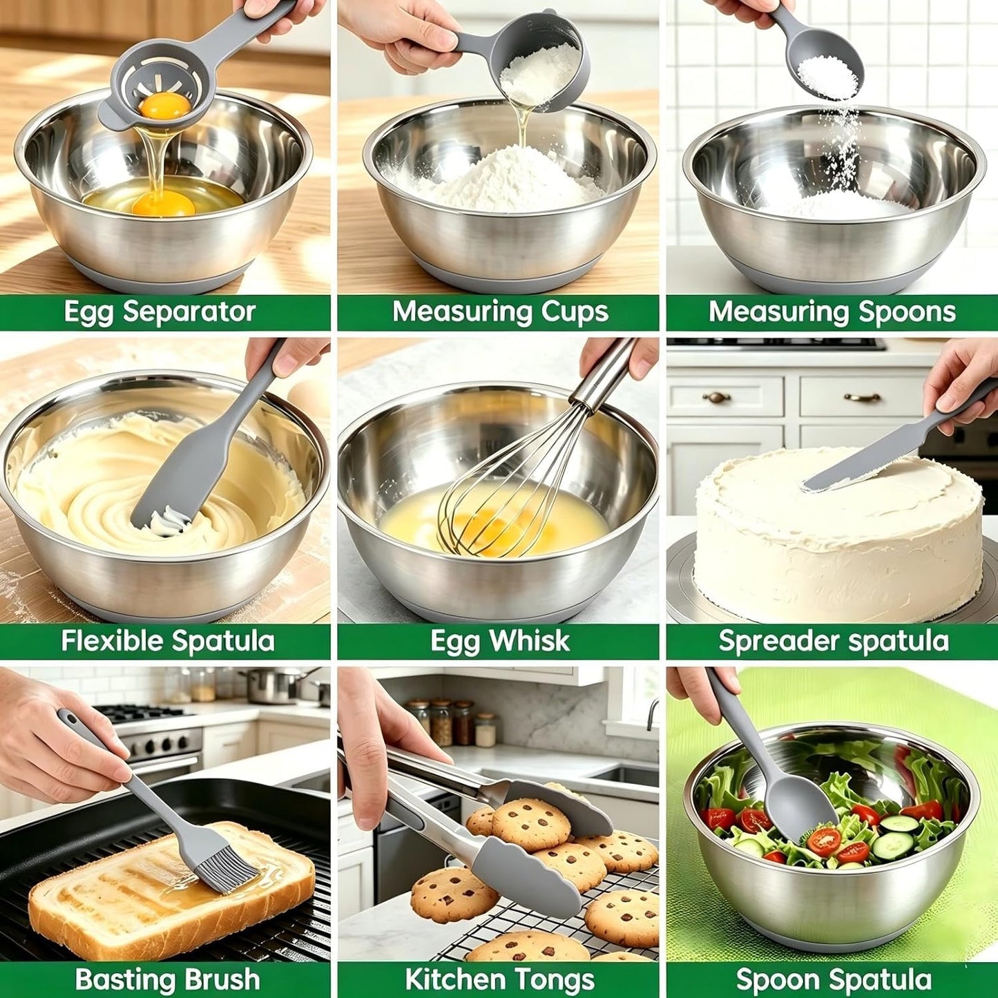 Deedro Premium Mixing Bowls with Airtight Lids Set, 22Pcs Thicker Stainless Steel Mixing Bowl Set, Large Prep Metal Bowls, Non-Slip Silicone Base Nesting Bowls for Kitchen, 1.5/2/3/4/5 QT, Black