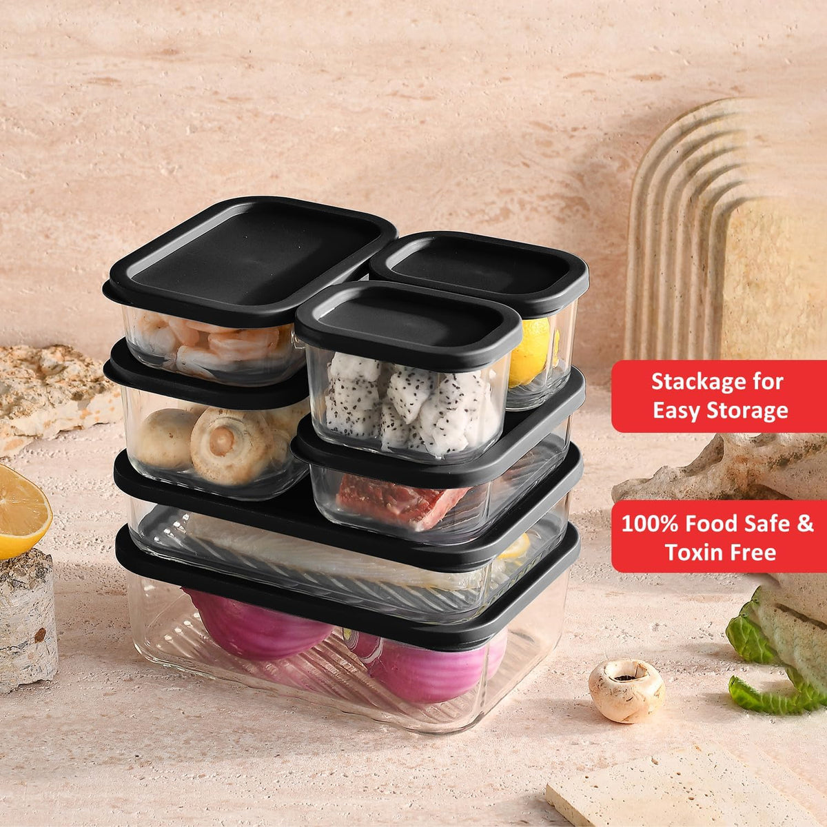 EATEX Grooved Base Glass Meal Prep Containers, 12 Pack Glass Food Storage Containers with Lids for Meal Prep & Lunch, Microwave Oven Freezer Dishwasher Safe, Anti Moisture Non-Stick Design - Black