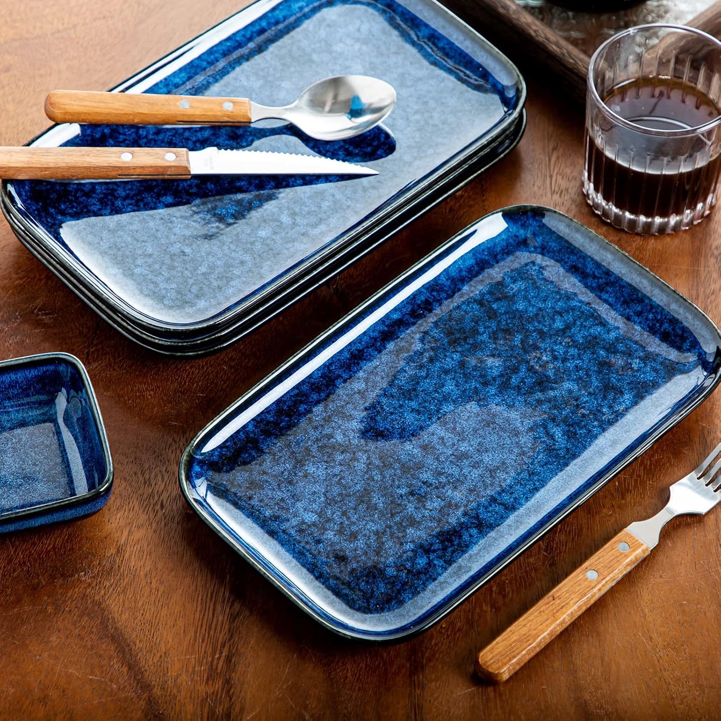 vancasso Stern Serving Platters Set of 3, 15/13/ 11 Inches Rectangular Serving Plates, Blue Serving Trays for Entertaining, Party