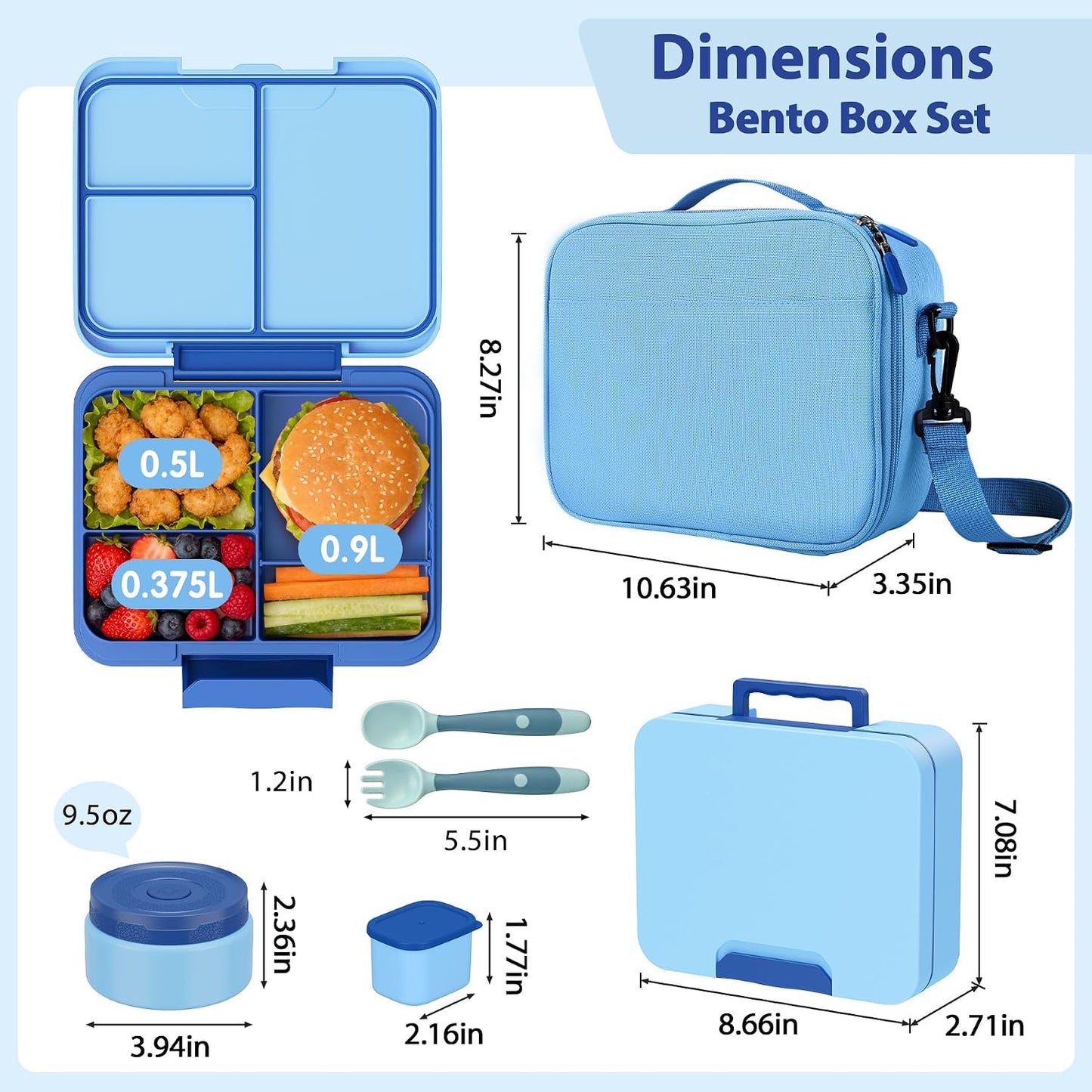 Kids Bento Lunch Box Set with 9.5oz Soup Thermo, Leak-Proof Lunch Food Containers with 3 Compartment and Removable Inner Tray, Insulated Hot Food Jar with Lunch Bag for School, Office, Sea Blue
