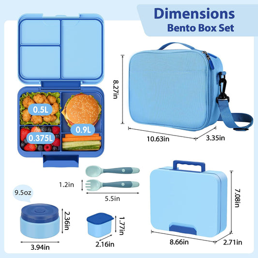 Kids Bento Lunch Box Set with 9.5oz Soup Thermo, Leak-Proof Lunch Food Containers with 3 Compartment and Removable Inner Tray, Insulated Hot Food Jar with Lunch Bag for School, Office, Sea Blue