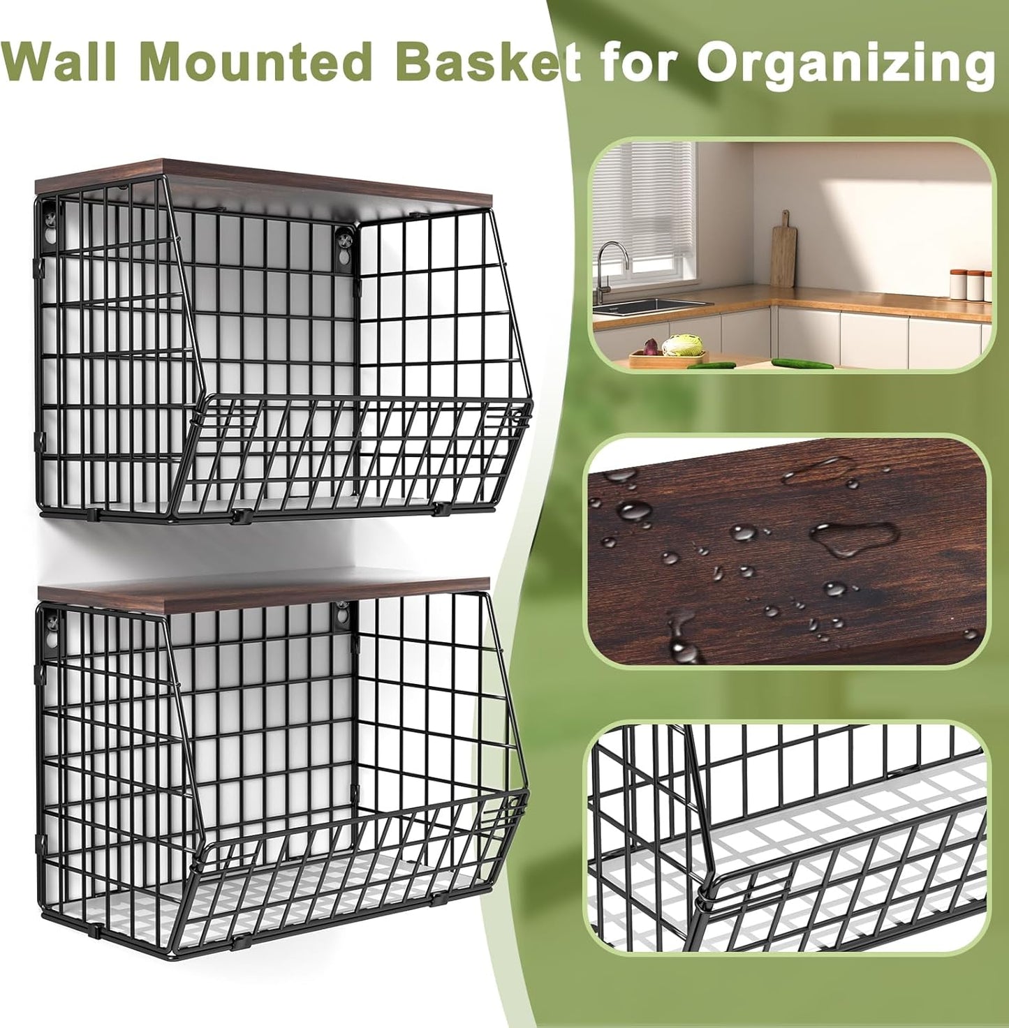 White Fruit Bowl Wire Basket Storage Pantry Fruit and Vegetable Storage Fruit Basket for Kitchen Counter Stackable Wall Mounted Hanging Basket Wire Basket with Wood Lid with Hanger Hooks