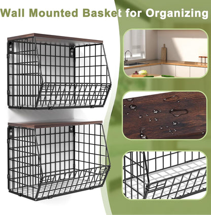 White Fruit Bowl Wire Basket Storage Pantry Fruit and Vegetable Storage Fruit Basket for Kitchen Counter Stackable Wall Mounted Hanging Basket Wire Basket with Wood Lid with Hanger Hooks