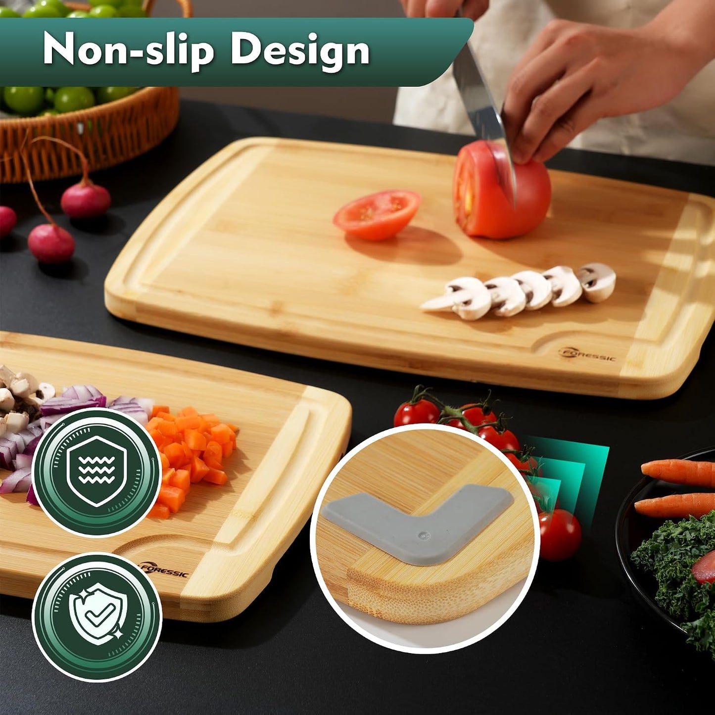 Wood Cutting Board Carbonized Bamboo Set With Smooth Surface Set 4 Packs with Non Slip Feet Holder and Over Sink Solid Thick Durable Wood Charcuterie Cheese Serving Tray Kitchen Gadgets (Carbonized)