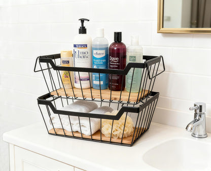ShabbyDecor Metal Wire Basket with Handles Storage Organizer Stackable Organizing bin for Cabinet Shelf Countertop Under Sink Pantry for Kitchen,Bathroom,Laundry Closet, 1 Pack
