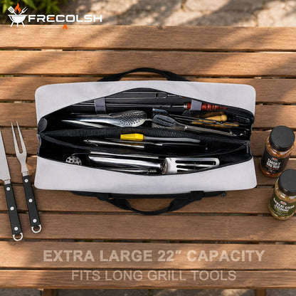 22" Grill Tool Bag, Heavy Duty BBQ Accessories Organizer with Wide-Open Design, Large Griddle Utensil Storage Bag for Blackstone, Camping, Tailgating, BBQ Gifts for Men（Bag Only）