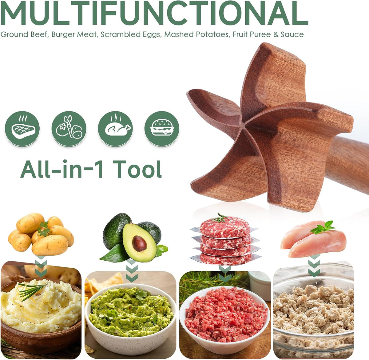 Natural Wooden Meat Chopper, 10.5 Inches Ground Beef Chopper