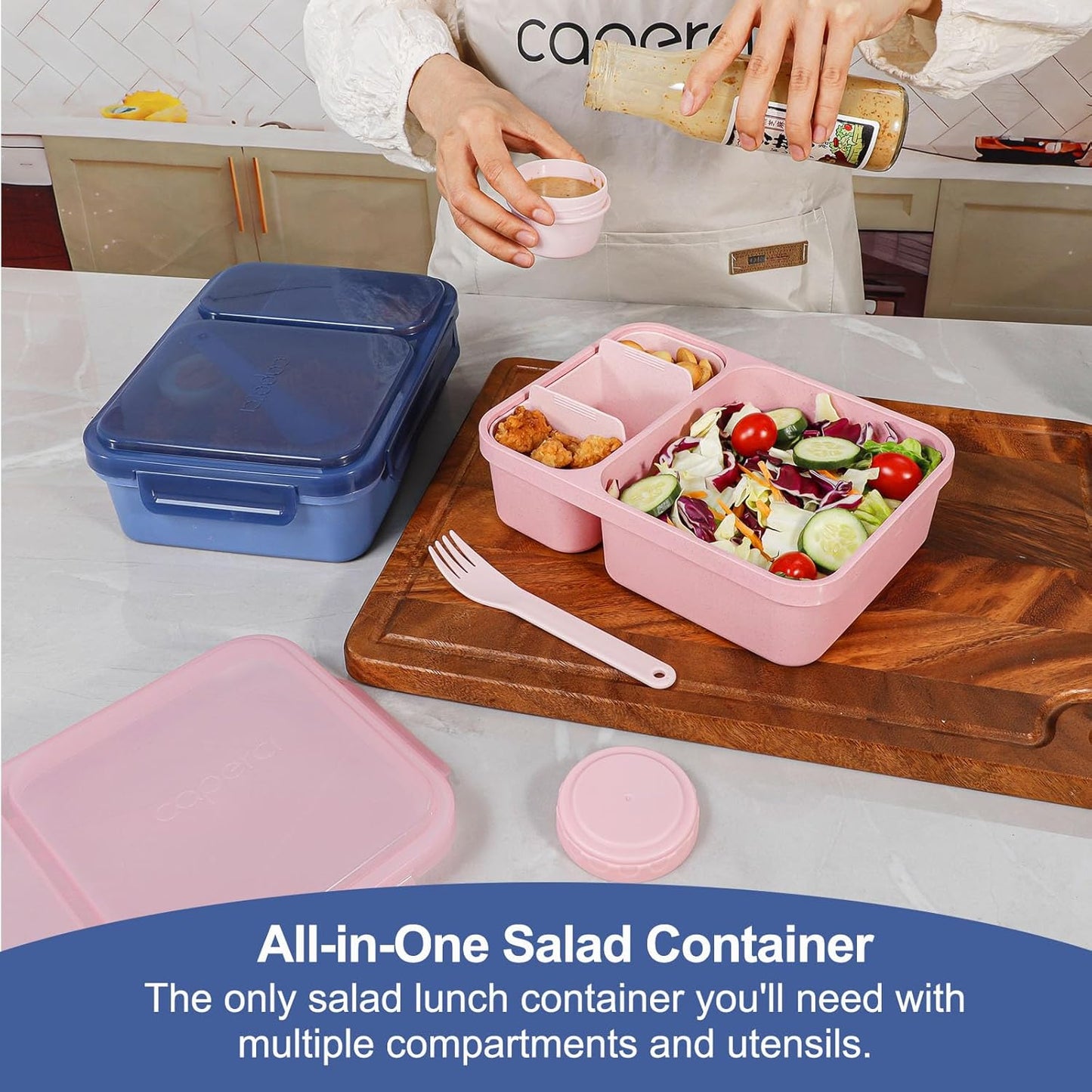 Caperci 2 Pack Salad Container for Lunch - 62 oz Large Bento Lunch Box for Adults, 2-Compartment Meal Prep Container with Removable Toppings Tray, Sauce Cup, Reusable Fork, BPA-Free (Purple & Green)