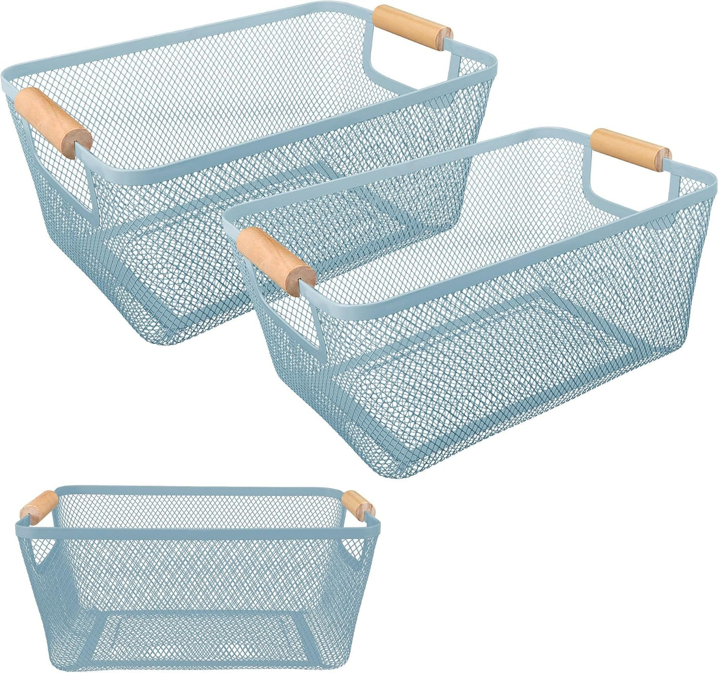2 Pack 12" Wide Metal Mesh Baskets with Bamboo Handles for Pantry Organization | Wire Storage Bins for Kitchen, Cabinet, Fruit & Snacks | Decorative Farmhouse Style Organizer