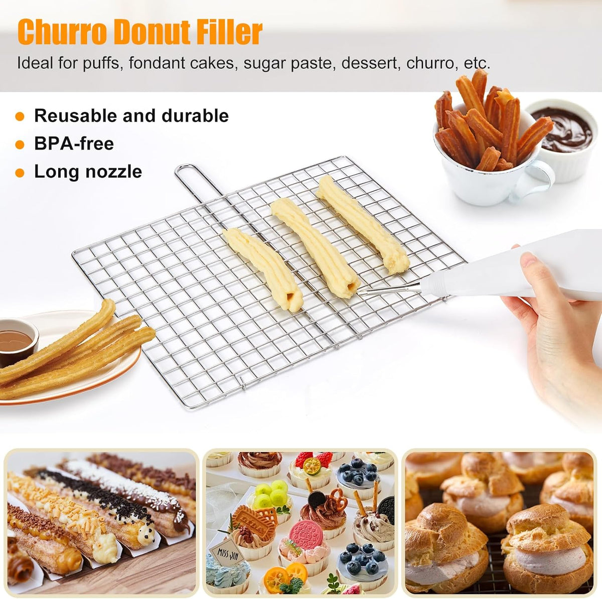PAHTTO Churro Maker Machine, Stainless Steel Churros Gun Kit, 3-in-1 Multifunctional Cookie Press Hollow Churro with Piping Bag, 7 Piping Nozzles, 9 Cookie Discs & 2 Brushes, Easy to Clean