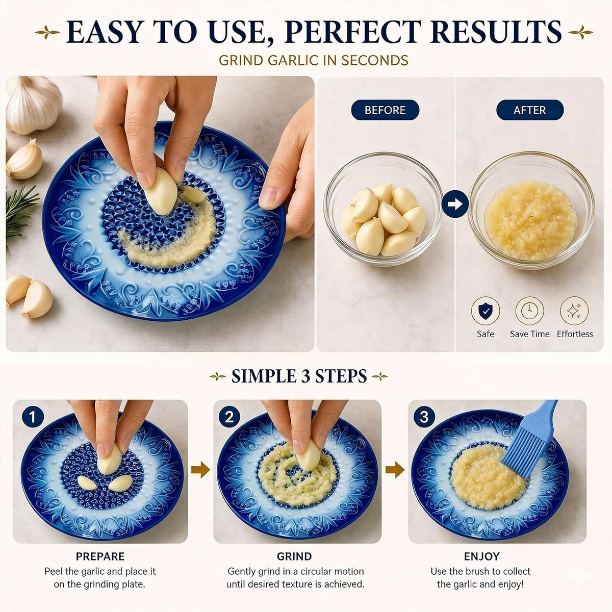 Ceramic Garlic Grater Plate Set with Rack, Peeler & Improved Brush (Blue)