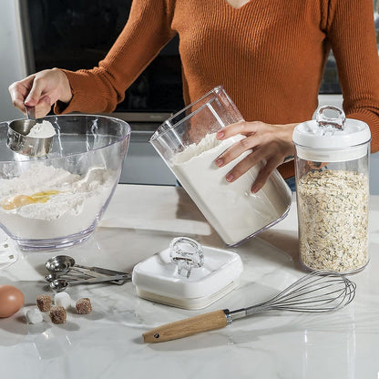 Felli Flip Tite Acrylic Food Storage Container with Lid 6” XL Air Tight Ring Seal Flip Top, Plastic Kitchen Baking Canister for 5 lb Flour Sugar Rice Protein Powder Pantry Organizer (Nest-M, White)