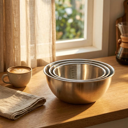 Stainless Steel Mixing Bowls Set of 3，Nesting Metal Prep Bowls with Interior Measurement Marks for Baking, Cooking & Food Storage - Space Saving, Rust-Proof & Dishwasher Safe