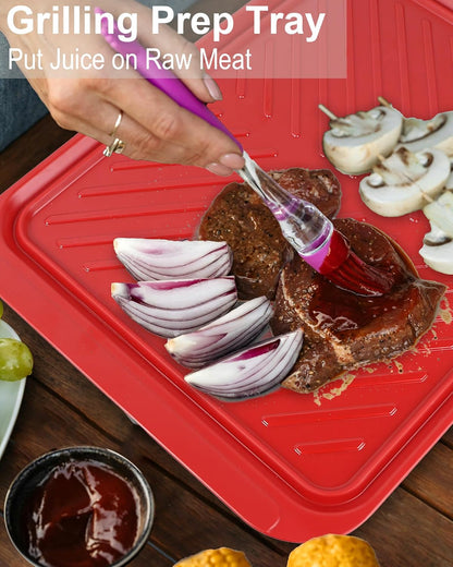 ECOIOU Large Grilling Prep and Serve Trays, 17" x 10.5" x 1.2" BBQ Platters for Raw and Cooked Food, Melamine Serving Trays for Food, Set of 2, Black and Red, Cleaning Pack Included