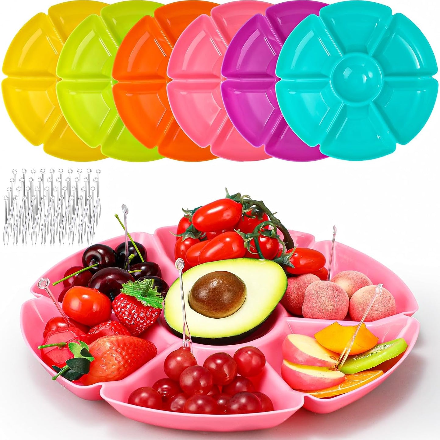 Zhehao 6 Pcs Plastic Divided Serving Trays with 60 Pcs Disposable Fork, 7 Compartments Round Chip Dip Plate, Petal Shape Platter, 10.6'' Snacks Serving Dish for Party Candy Nuts Fruits (Vibrant Color)