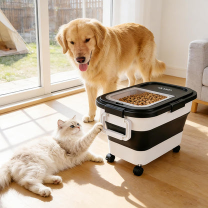 Dog Food Storage Container 20-25lbs, Airtight Pet Food Bin with Locking Lid & Clear Window, Collapsible Rolling Storage Container with Wheels and Scoop, Black