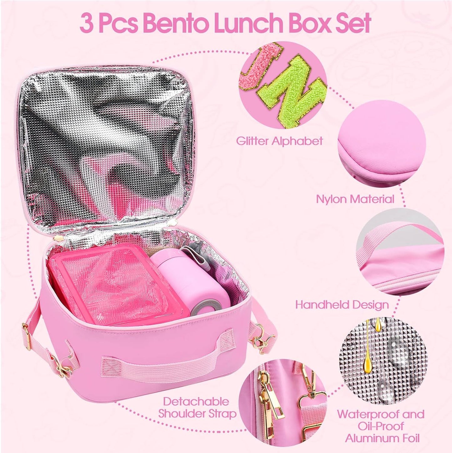 Insulated Lunch Bag for Boys Girls with 10oz Thermo, with 6 Compartment Bento Box, Black Nylon Preppy Lunch Box Adjustable Strap for Boy Girl Kids Teens School Travel Picnic
