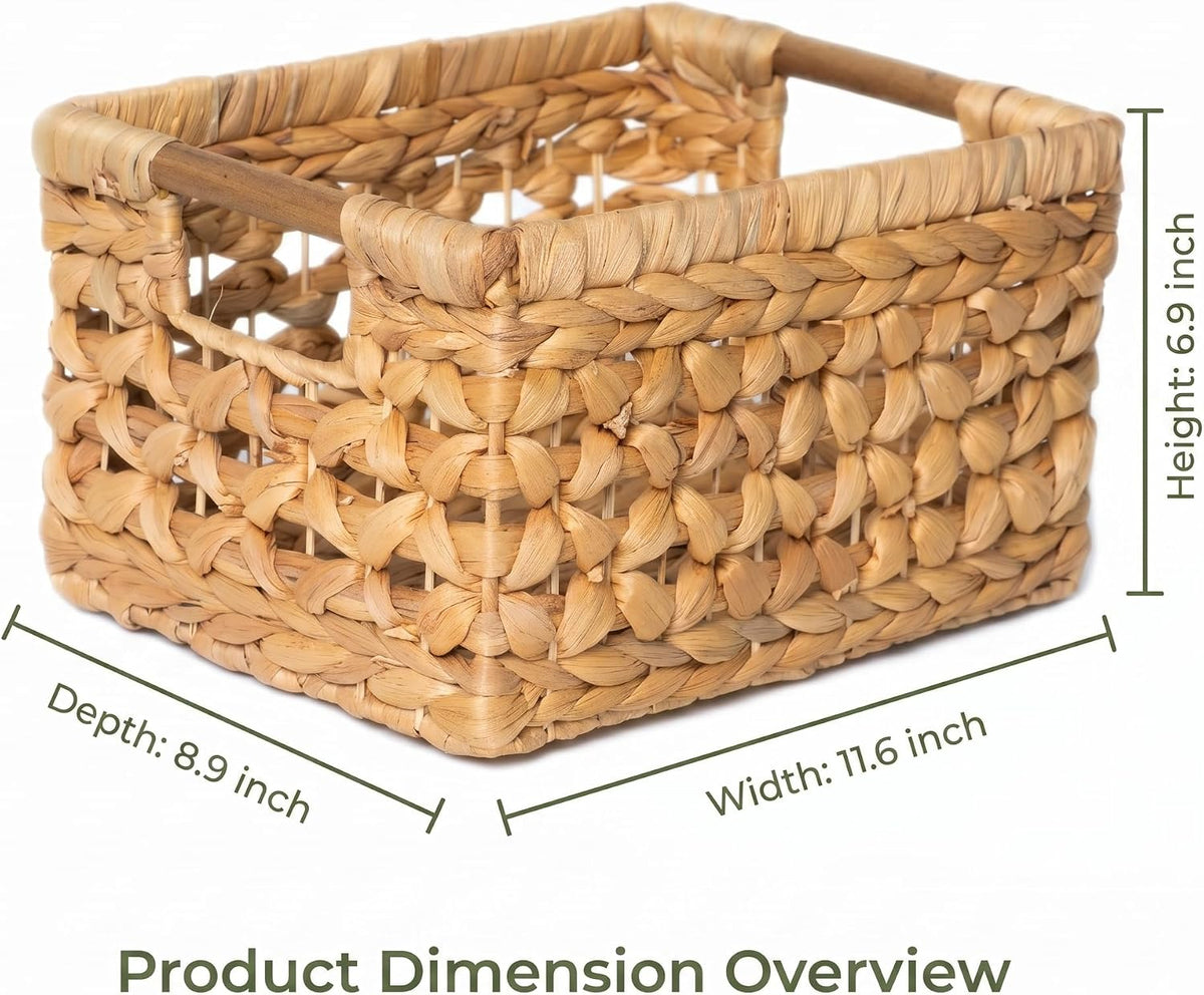 NAYA 11.6" Water Hyacinth Medium Wicker Shelf Basket – Storage Bin | Handwoven water hyacinth shelf basket with sturdy handles for pantry, towels and everyday home organization.