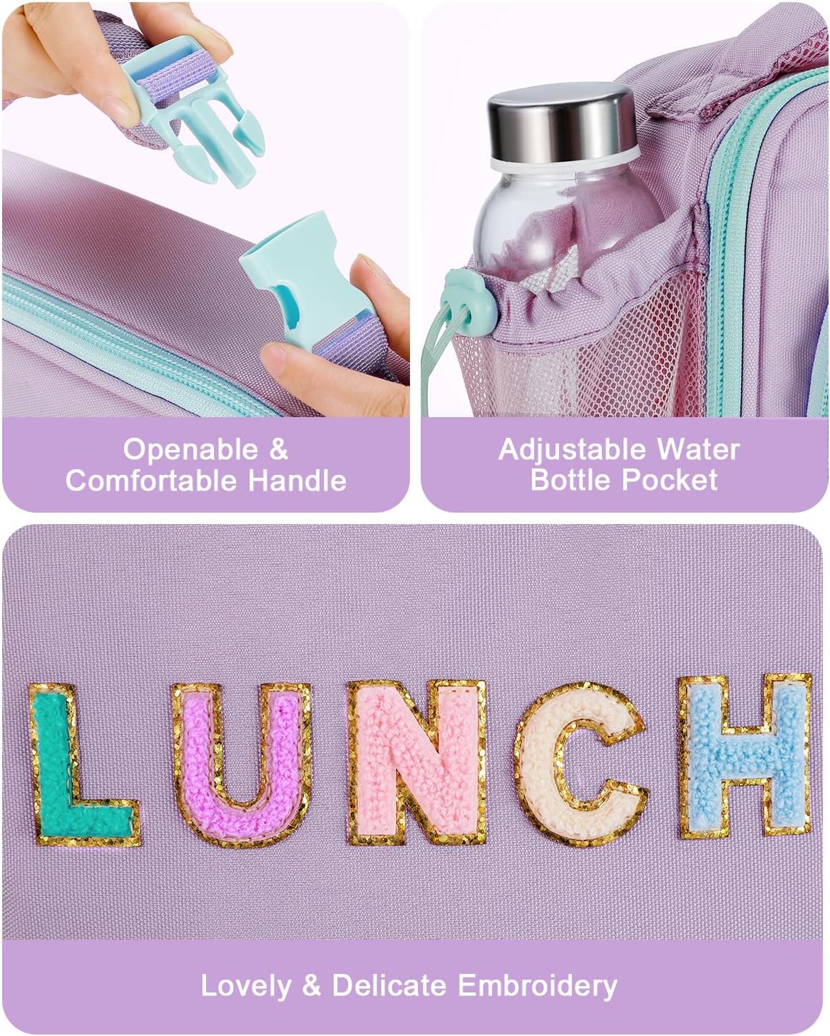 Amersun Kids Insulated Lunch Box- Water-Resistant, Reusable Cute Lunch Tote Bag with Water Bottle Holder & Multi-Pocket-Ideal for Ages 3+ Girls, Boy, School,Travel(Purple)