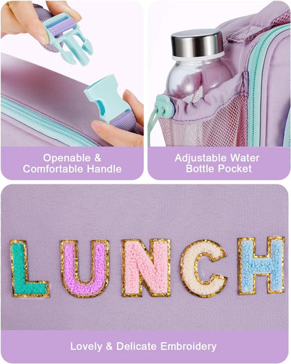 Amersun Kids Insulated Lunch Box- Water-Resistant, Reusable Cute Lunch Tote Bag with Water Bottle Holder & Multi-Pocket-Ideal for Ages 3+ Girls, Boy, School,Travel(Purple)