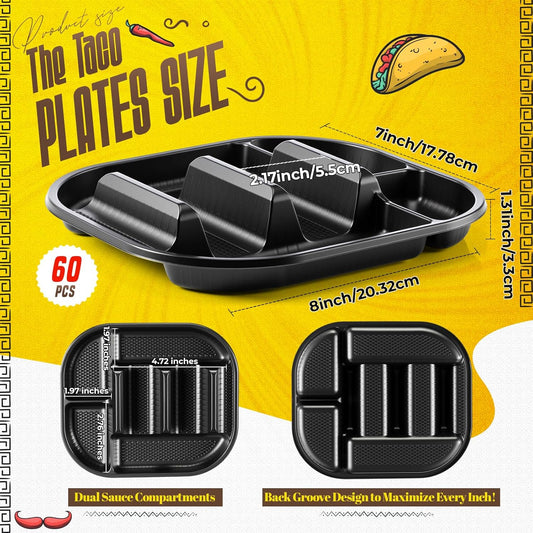 Baderke 40 Pack Disposable Plastic Taco Plates, Fiesta Tacos Holder Tray PP Taco Holder Plates with 2 Dividers for Soft & Hard Shells for Tacos Tuesday Bar, Parties, Picnics (Black)