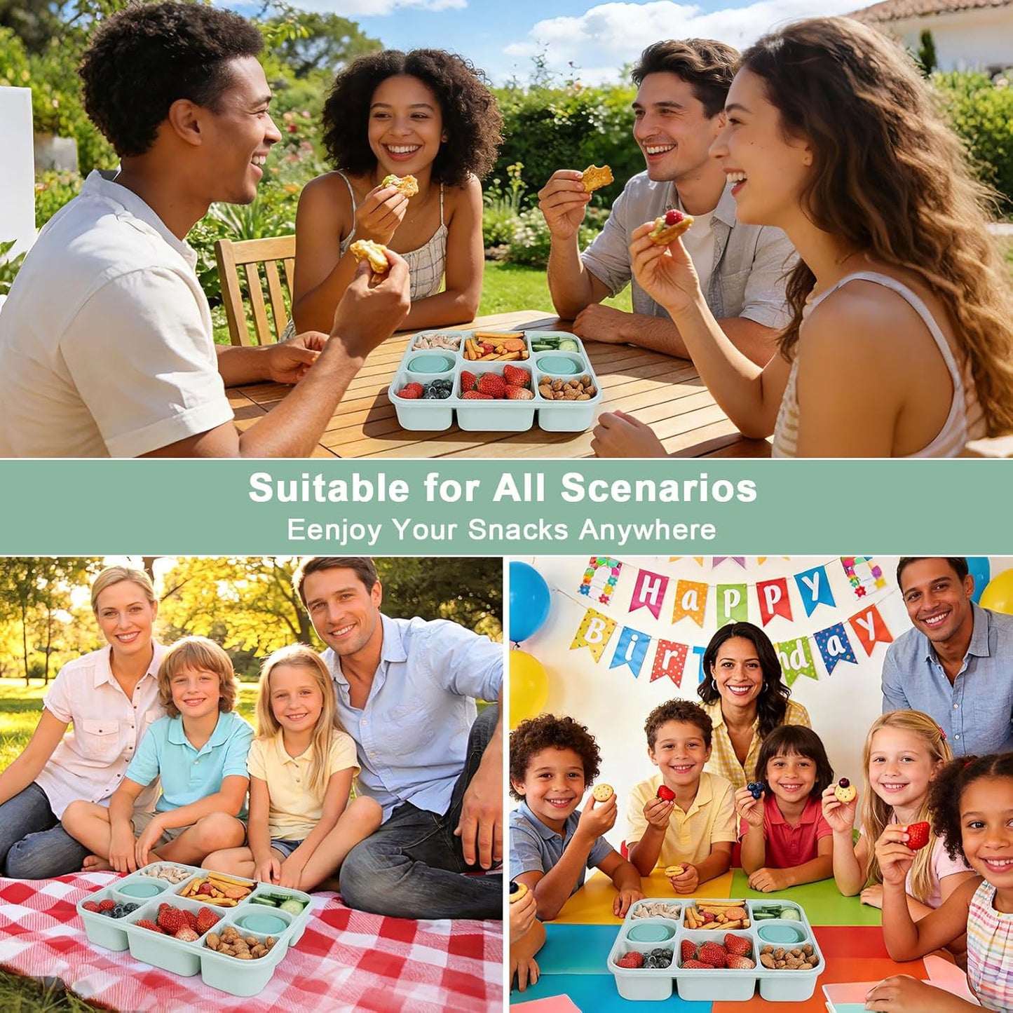 Large Snackle Box Container with 2 Sauce Cups, 8-Compartment Divided Serving Tray with Lid & Handle, Portable Snack Tray for Travel Picnic, Leak-Proof, Dishwasher Safe, BPA-Free