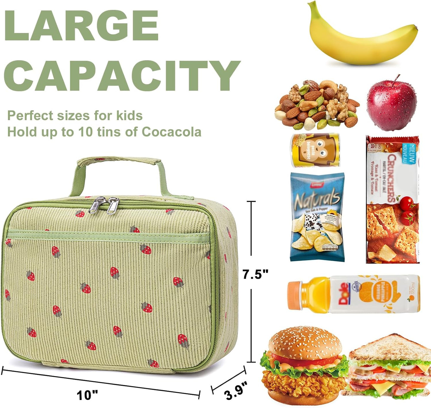 Bluboon Insulated Lunch Bag for Girls & Boys, Corduroy School Lunch Box with Cooler & Organizer Compartments, Leak-Proof Lunch Tote for School, Travel (Corduroy Strawberries Beige)