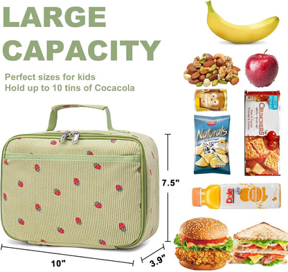 Bluboon Insulated Lunch Bag for Girls & Boys, Corduroy School Lunch Box with Cooler & Organizer Compartments, Leak-Proof Lunch Tote for School, Travel (Corduroy Strawberries Beige)
