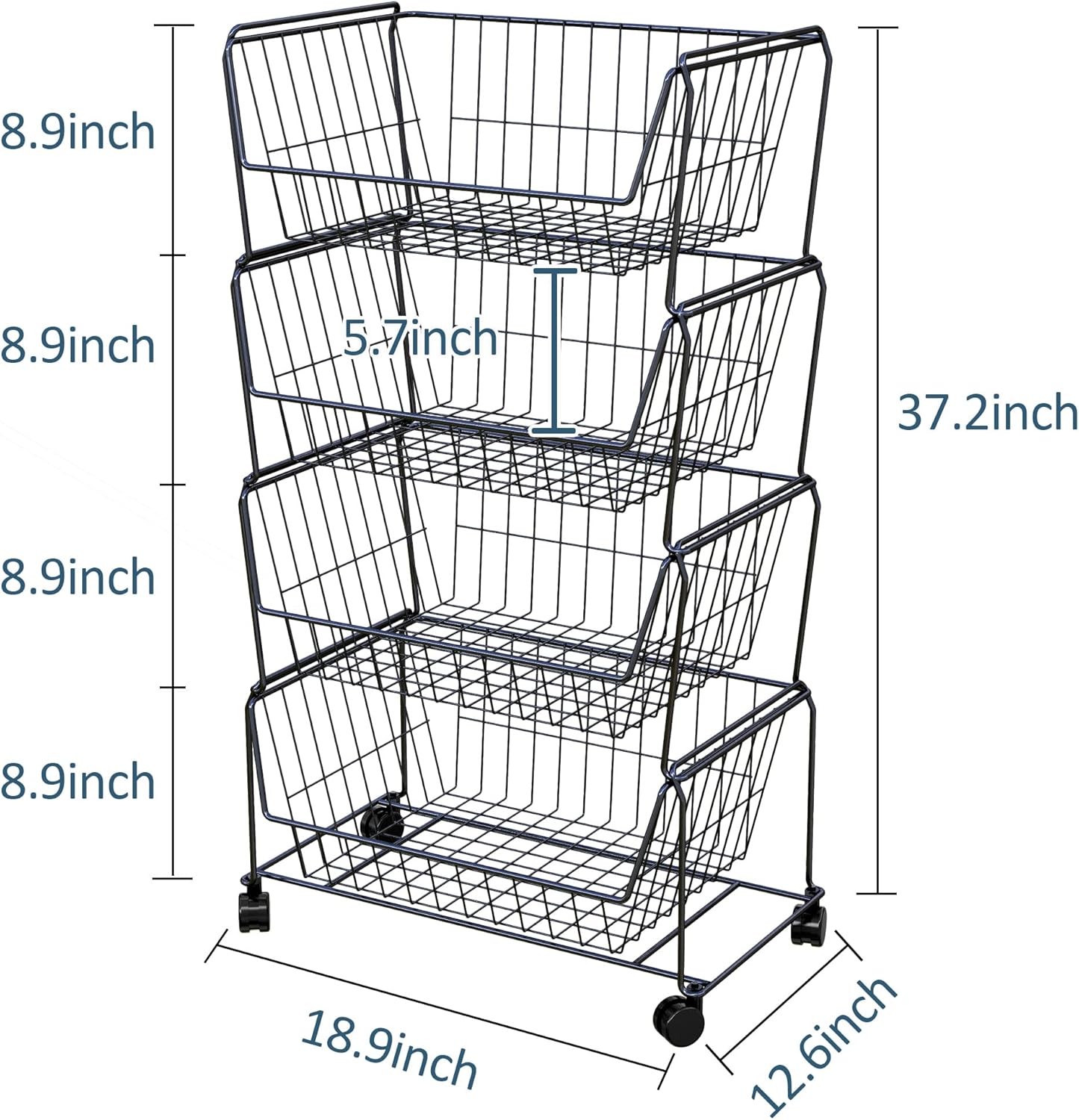 PUSDON 4-Tier Spacious Stackable Wire Storage Baskets with Wheels, Metal Rolling Utility Cart Organizer, Fruit and Vegetable Produce Basket for Kitchen Pantry, Everyday Bathroom Shelf, Silver Grey