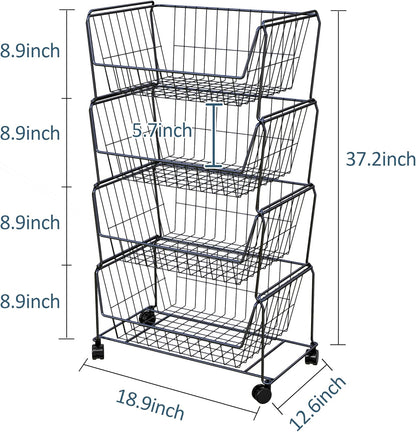 PUSDON 4-Tier Spacious Stackable Wire Storage Baskets with Wheels, Metal Rolling Utility Cart Organizer, Fruit and Vegetable Produce Basket for Kitchen Pantry, Everyday Bathroom Shelf, Silver Grey