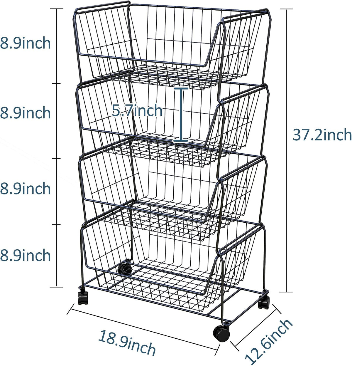 PUSDON 4-Tier Spacious Stackable Wire Storage Baskets with Wheels, Metal Rolling Utility Cart Organizer, Fruit and Vegetable Produce Basket for Kitchen Pantry, Everyday Bathroom Shelf, Silver Grey