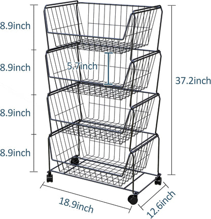 PUSDON 4-Tier Spacious Stackable Wire Storage Baskets with Wheels, Metal Rolling Utility Cart Organizer, Fruit and Vegetable Produce Basket for Kitchen Pantry, Everyday Bathroom Shelf, Silver Grey