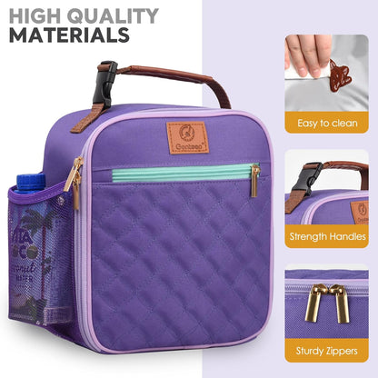 Genteen Kids Lunch Box, Lunch bag for Girls Teen,Insulated Soft Mini Cooler with Bottle Holder, Lightweight Reusable East-Clean LunchBox Back to School-Purple
