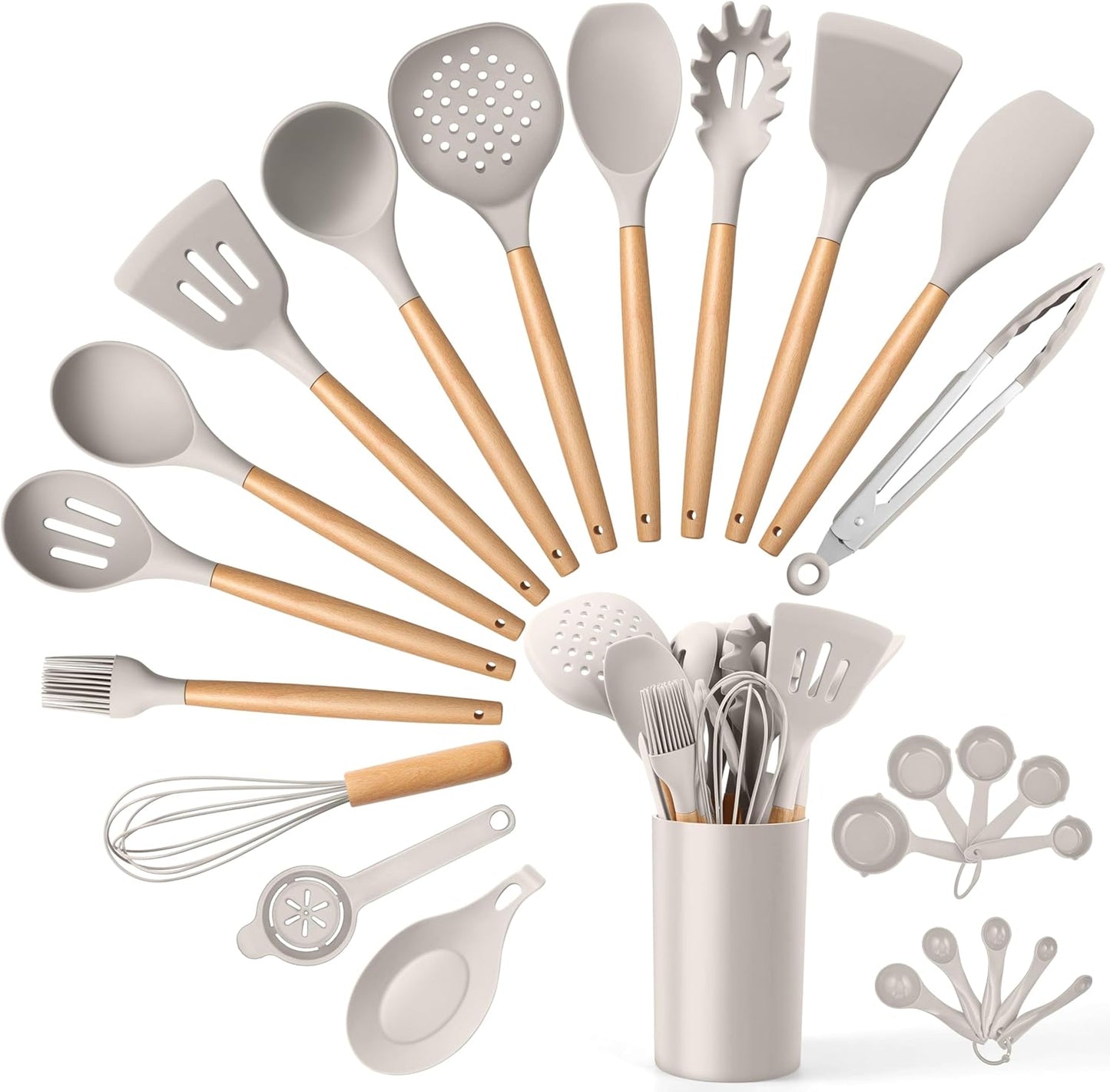 E-far Silicone Cooking Utensils Set, 5-Piece Kitchen Utensils Set with Wooden Handle for Cooking, Silicone Kitchen Nonstick Tools Spatula Turner Slotted Spoons, Nontoxic & Heat Resistant-Khaki
