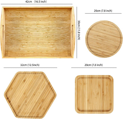 Bamboo Serving Trays Charcuterie Platter 16.5"x11.8"（42x30cm with Handle, Set Includes 1xHexagon 12.5"(32cm)+1xSquare 7.8"(20cm)+1xSquare 5.9"(15cm) Small Plates for Family Dinner
